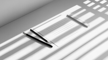 Blank stationery with writing implements on a white surface.