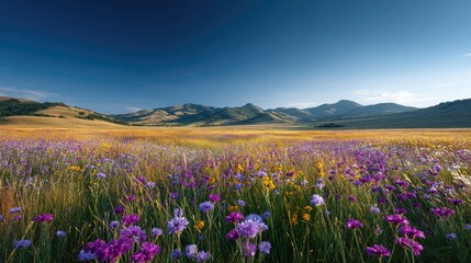 Obraz premium A vast field of wildflowers stretches out to a backdrop of rolling hills.