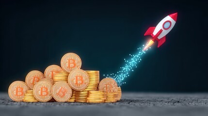 several bitcoins bottom of image, red and white rocket ship, blasting off, above bitcoins flying - 