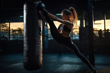 woman performing a high kick on a heavy punching bag in a dimly lit gym with sunset light coming through windows, showing strength and focus