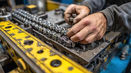 An intricate setup of a hydraulic press operation where a technician adjusts the alignment of anchor chain links highlighting the precision machinery and heavyduty equipment involved