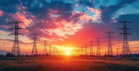 Row of tall electricity transmission towers over a grassy field at vibrant sunset with colorful clouds and sun near the horizon