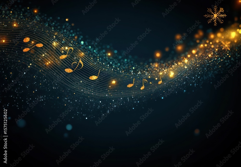 Poster golden musical notes flowing across a dark background with sparkling particles and a snowflake, conv