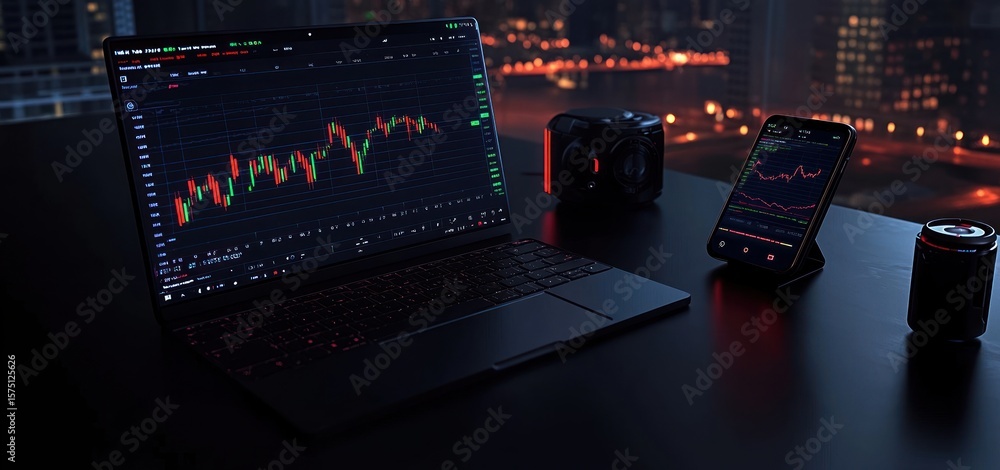 Poster dark modern workspace with laptop and smartphone displaying financial stock charts and graphs on scr
