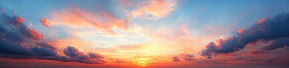 Vibrant sunrise with colorful clouds illuminating the sky in soft pinks, oranges, and blues, creating a peaceful and awe-inspiring atmosphere