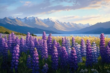 Fototapeta premium Vibrant purple and white lupine flowers blooming in a sunlit meadow with snow-capped mountains and a calm lake under a partly cloudy sky during golden hour