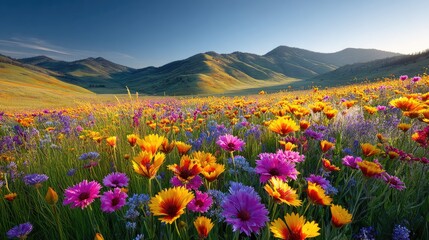 Fototapeta premium A vibrant field of wildflowers stretches across a valley.