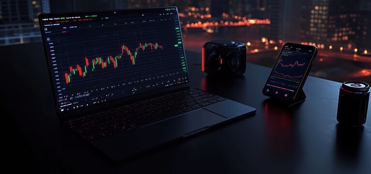 Dark modern workspace with laptop and smartphone displaying financial stock charts and graphs on screen during nighttime with city lights in background