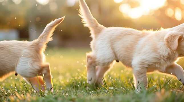 Golden Retrievers Playtime: Two adorable golden retriever puppies frolic playfully in a sun-drenched green space, their fluffy tails wagging with glee.