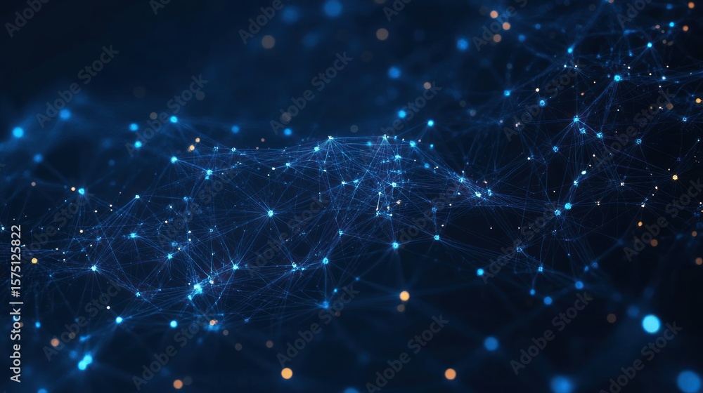 Poster abstract digital network of interconnected glowing blue nodes and lines on a dark background with oc