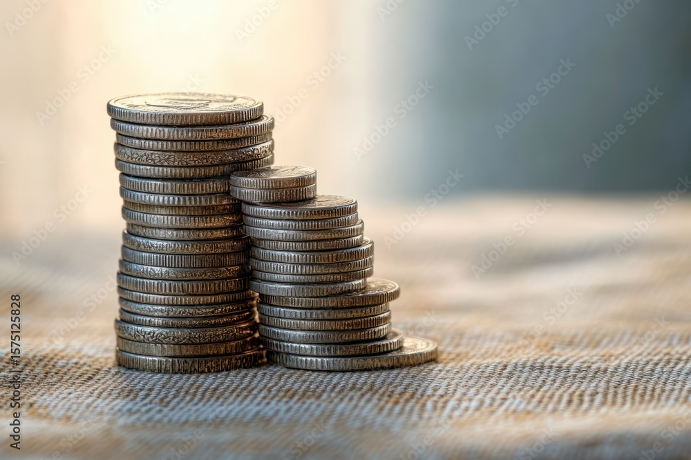 Poster two stacks of silver coins placed on a textured fabric surface with soft natural light creating a ca