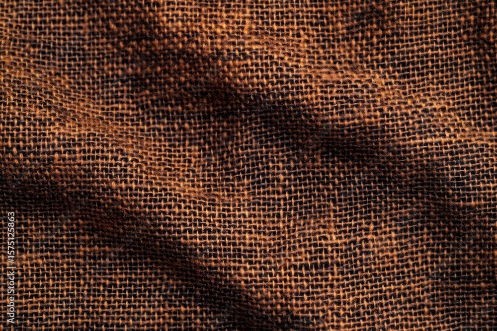 Poster close up of rough woven brown burlap fabric with visible texture and shadows creating a rustic feel