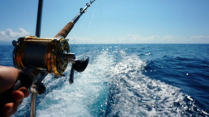  fisherman and his rod and reel, fishing on a ocean boat 