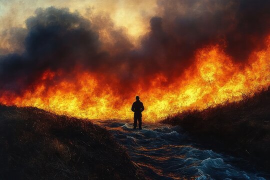 silhouette of a person standing on a path surrounded by intense flames and thick smoke of a large raging fire at dusk - Powered by Adobe