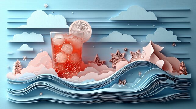 Paper art drink with waves, clouds, and snowflakes; digital illustration - Powered by Adobe