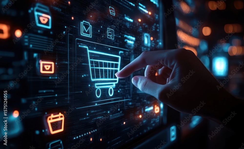 Poster hand interacting with a digital touchscreen displaying holographic shopping cart and user interface 