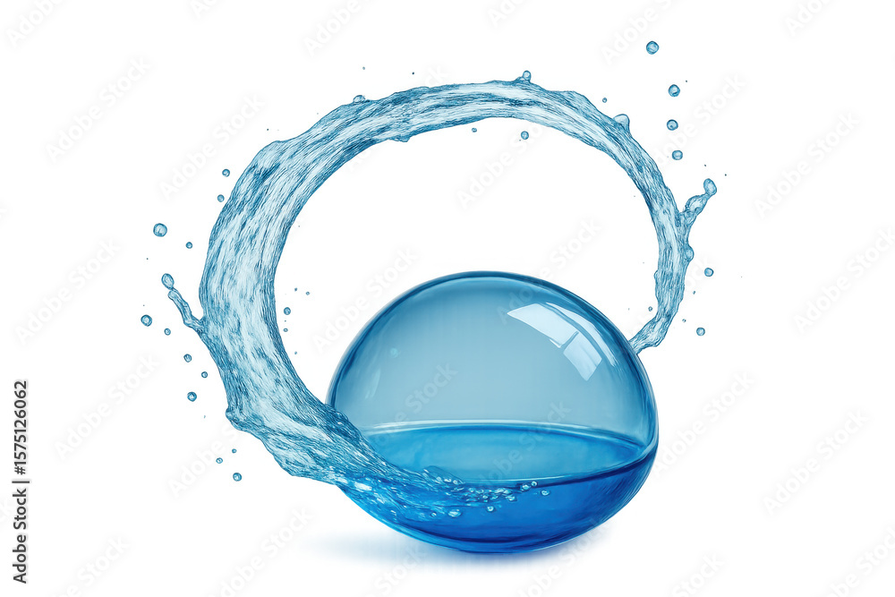 Poster transparent blue water sphere with dynamic water arc, creating a refreshing and pure visual on a tra