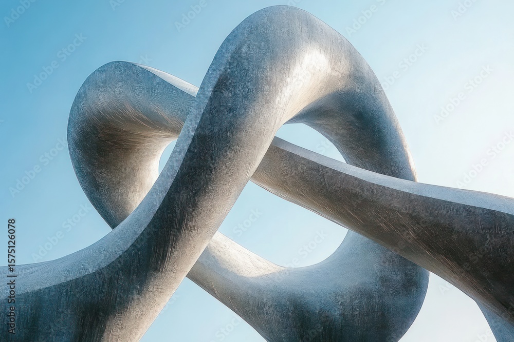 Poster large metallic intertwined sculpture with smooth curved surfaces under clear blue sky representing u