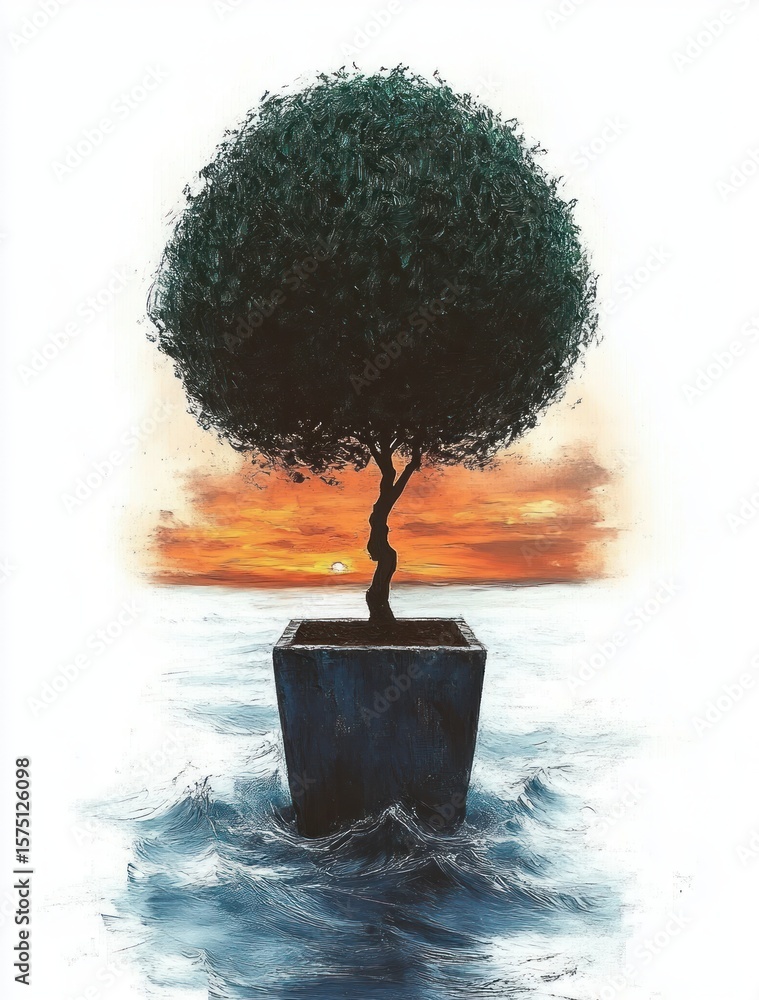Poster a round-shaped tree in a rectangular planter floating on wavy water with a colorful sunset in the ba
