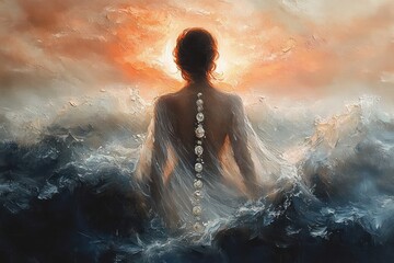 Obraz premium Surreal painting of a woman seen from behind with a glowing sunrise and luminous pearls aligned along her spine, surrounded by turbulent ocean waves, evoking mystery and serenity