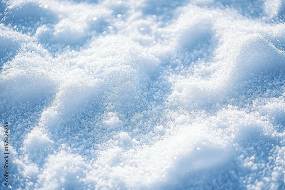 Poster close-up of sparkling fresh snow crystals with soft light creating a shimmering winter texture and s