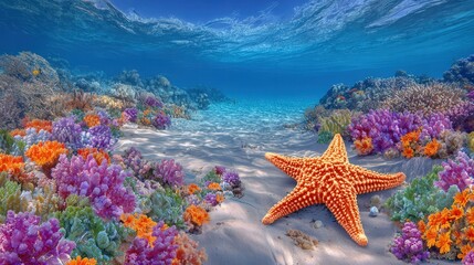 starfish and several sea horses underwater swimming through a colorful coral reef.  