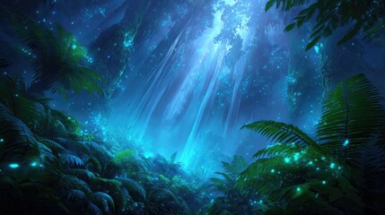 Luminescent forest at night.