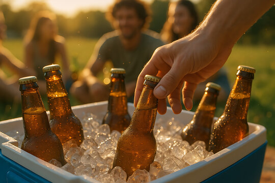 Hand reaching for beer bottle in ice filled cooler during summer picnic with friends celebrating outdoors on national refreshment day golden sunset vibe