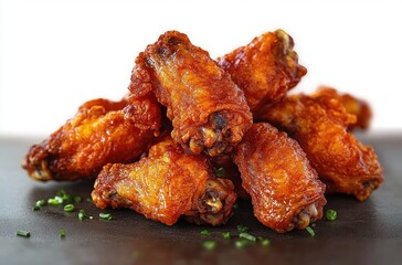 Stack of crispy golden fried chicken wings garnished with small green herbs on a dark surface with a white background