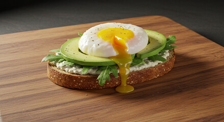 Sandwich with boiled egg, avocado, and arugula, on a rustic wooden