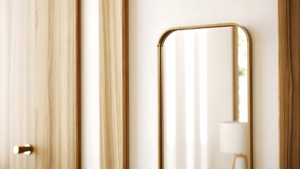 A close up of a mirror and a wooden door in a bright and airy room setting