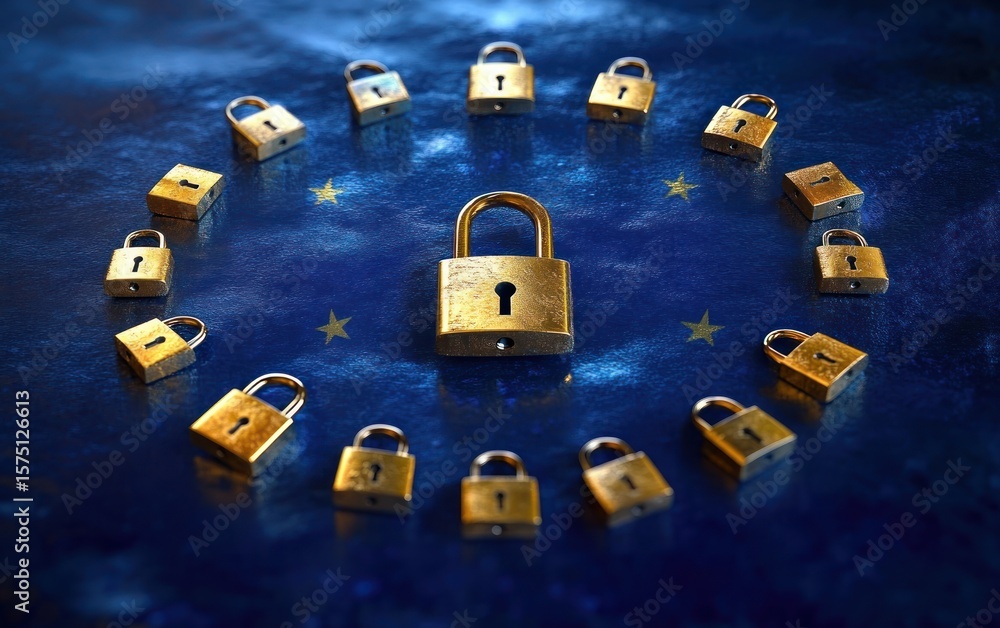 Poster multiple golden padlocks arranged in a circle on a blue surface with yellow stars, symbolizing secur