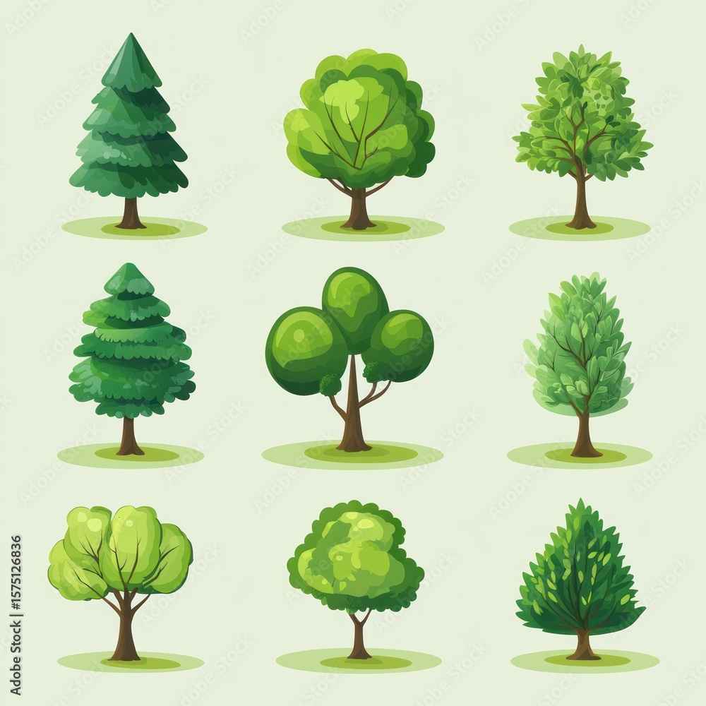 Poster collection of nine diverse leafy green trees with various shapes and canopy styles arranged in a gri