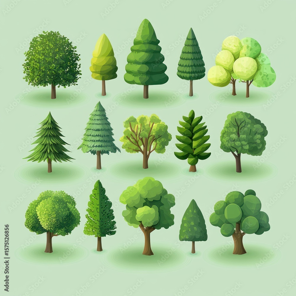 Poster collection of various green trees with different shapes and sizes arranged neatly on a light green b