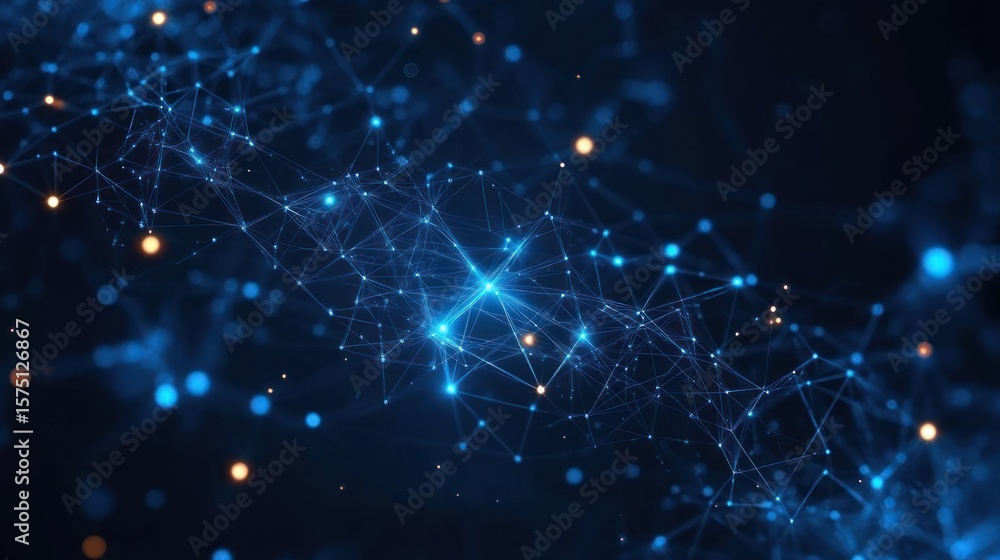 Poster glowing blue network of interconnected points and lines on dark background with scattered orange lig