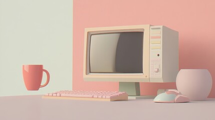 Pastel-toned retro computer setup with a mug.
