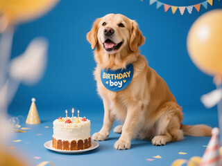 A cute, happy, smiling Golden Retriever sitting with a birthday cake and wearing a blue "birthday boy" sash, on a colorful background.
