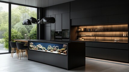 Modern industrial space with glass windows, exposed ducts, and a built-in wall aquarium