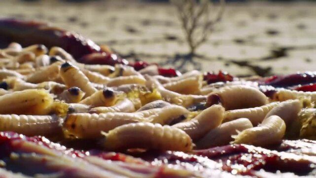Mass of maggots devouring flesh on desert floor