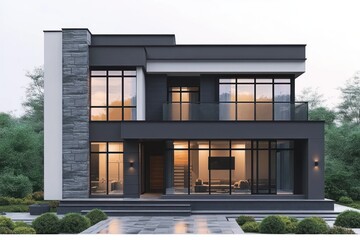 Obraz premium Modern two-story house with large glass windows and doors, stone chimney, lit interior with contemporary furniture, surrounded by greenery under cloudy sky