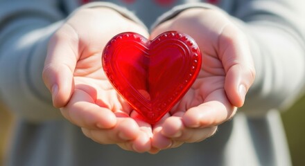 Fototapeta premium Hands Cupping Red Glass Heart Symbol