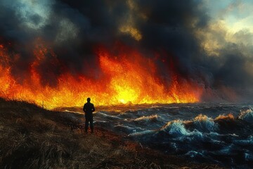 Silhouette of a person standing on shore watching a large wild fire burning with intense flames and smoke beside turbulent ocean waves under a dramatic sky