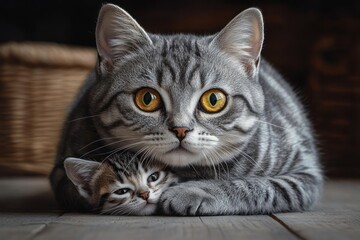 Large gray tabby cat protectively lying down with a small kitten nestled under its paw on wooden floor showing a calm and tender moment
