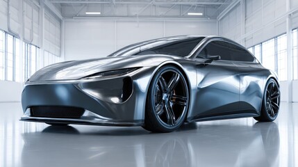 Sleek, metallic car in a modern indoor setting.