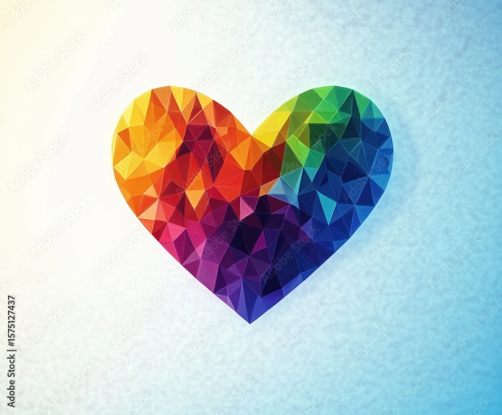 Poster vibrant polygonal heart shape with a gradient of rainbow colors on a soft textured light background 