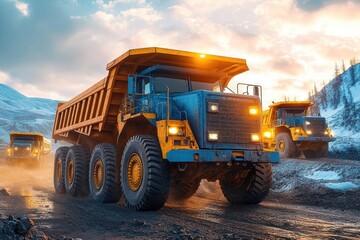 Obraz premium Heavy-duty mining dump trucks driving on rugged dirt road during sunset in mountainous area with snow patches and dramatic clouds