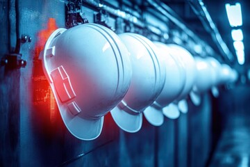 Row of white industrial safety helmets hanging on blue wall in dimly lit corridor with cool and red lighting