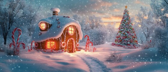 Cozy gingerbread house glowing warmly in snowy winter landscape with decorated Christmas tree and candy canes under soft falling snow at sunset