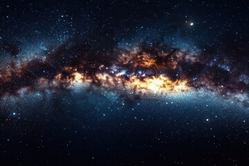 Fototapeta premium Vast colorful galaxy with dense clusters of stars glowing in blue, orange, and white against the dark night sky evoking wonder and cosmic mystery