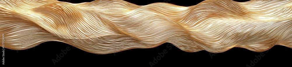Poster abstract flowing golden and cream metallic wave lines on black background with smooth texture and el